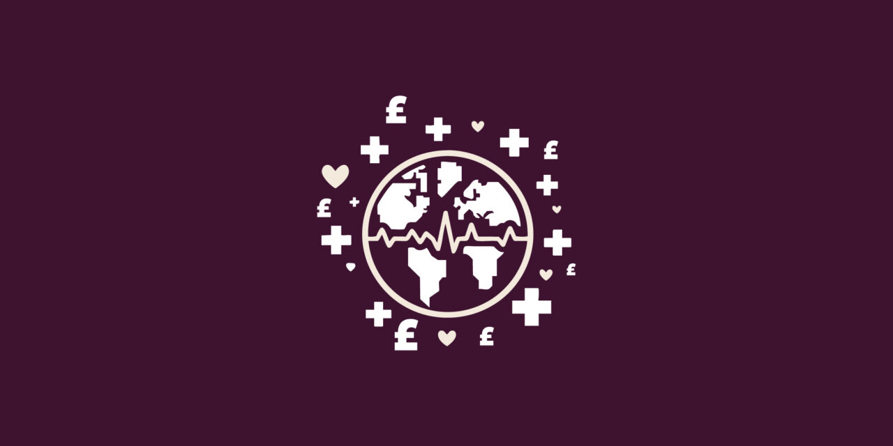 An icon of the earth with a hearbeat line across the it, surrounded by small icons of the £ sign, hearts and pluses.