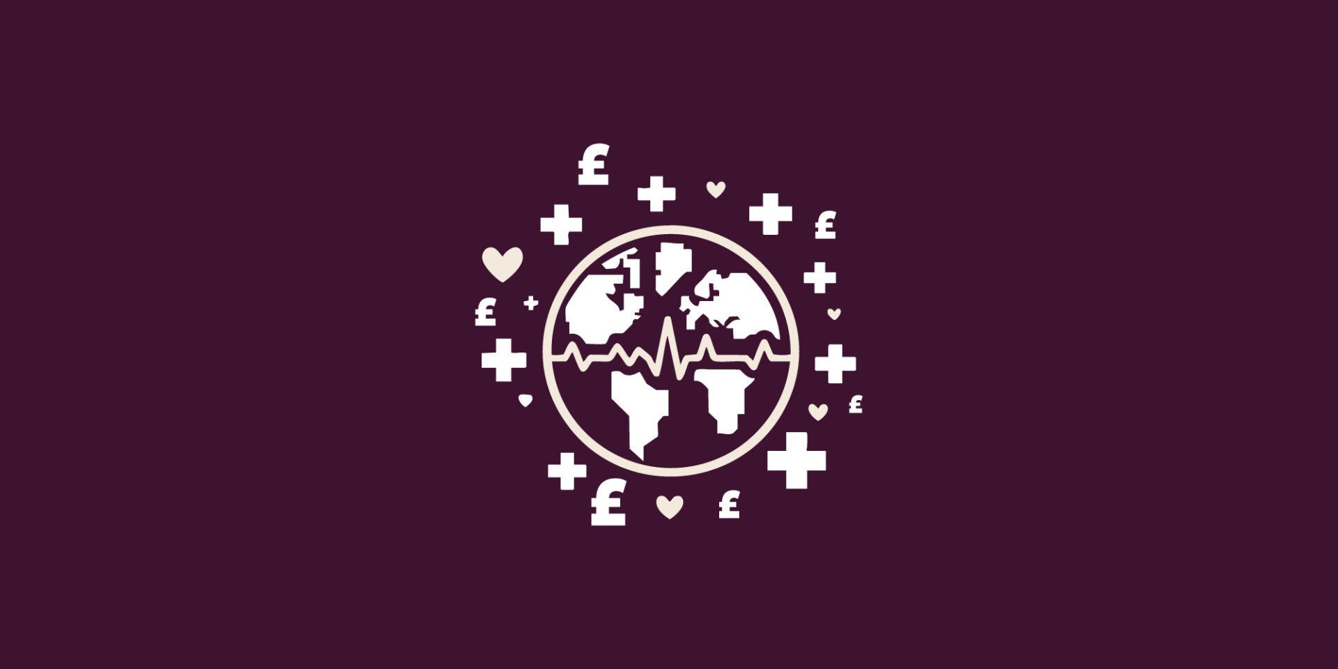 An icon of the earth with a hearbeat line across the it, surrounded by small icons of the £ sign, hearts and pluses.