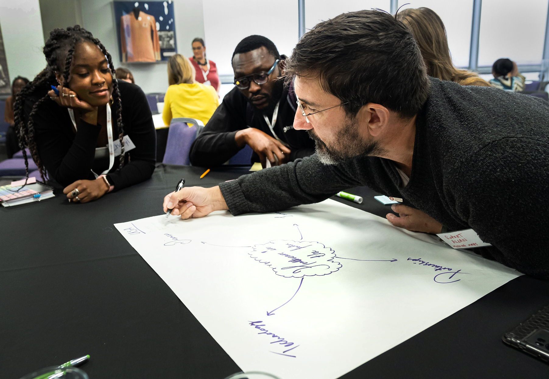 A group of people collaborate at a conference table, focused on a brainstorming session, with a man writing ideas on a large paper.